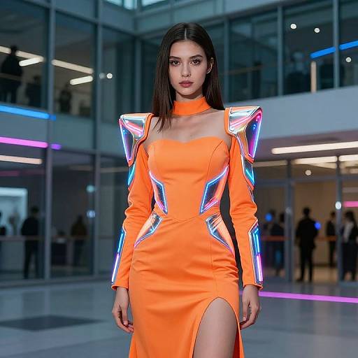 Photograph of a young woman with straight black hair, wearing a bright orange, long-sleeved, high-neck dress with neon blue and white geometric
