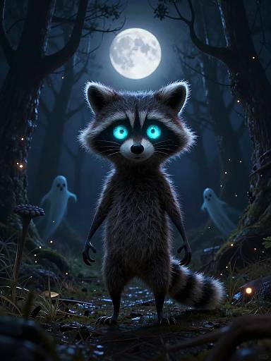 Digital artwork: Glowing blue-eyed raccoon with fluffy fur stands in a dark, moonlit forest, surrounded by ethereal ghostly figures.