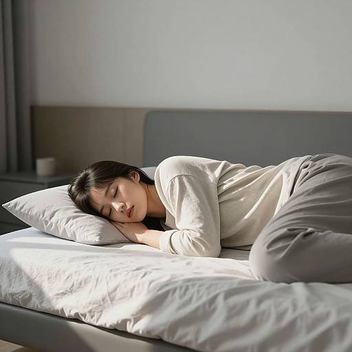 Photograph of an Asian woman with medium-length black hair, sleeping peacefully on a sunlit bed with white sheets and pillows.