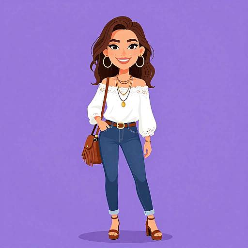 Digital illustration of a smiling woman with wavy brown hair, white off-shoulder blouse, blue jeans, brown handbag, and brown sandals,