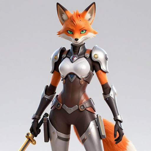 CGI anthropomorphic fox warrior with orange fur, green eyes, wearing silver and black armor, holding a sword, against a white background.
