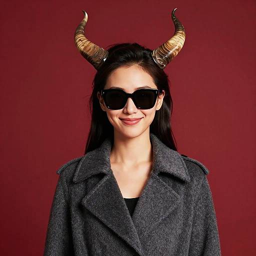 Photograph of a woman with pale skin, black hair, large black sunglasses, and gold spiral horns, wearing a dark grey coat against a red background