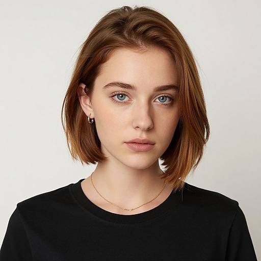 Photograph of a young woman with fair skin, blue eyes, and shoulder-length brown hair, wearing a black top and gold necklace, against a plain