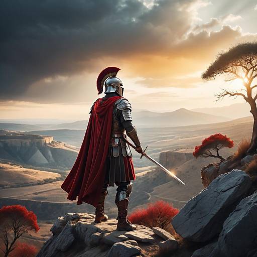 Realistic Roman Soldier at Sunset Cliff