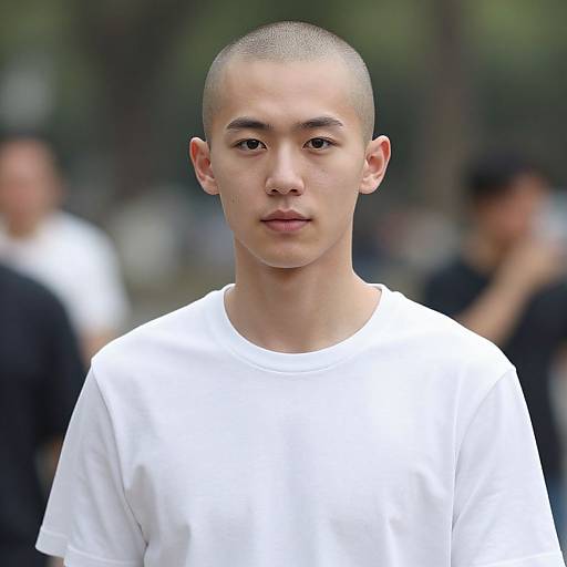 Photograph of a young Asian man with a shaved head, wearing a plain white t-shirt, standing outdoors with a blurred background.