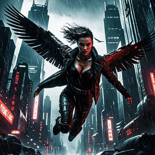 Cyberpunk Warrior Woman Flying in Neon City