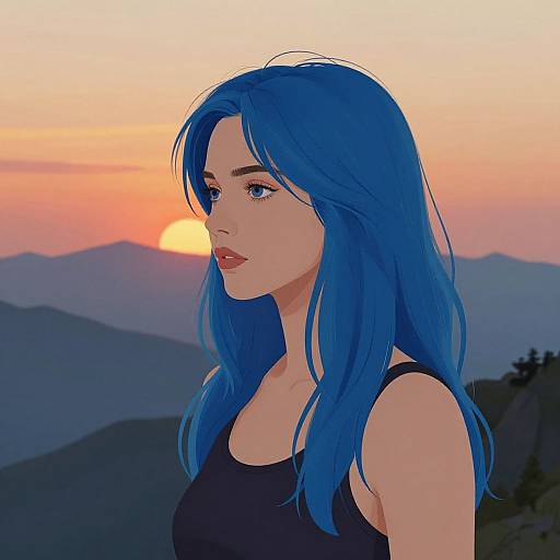 Blue-Haired Woman at Mountain Sunset