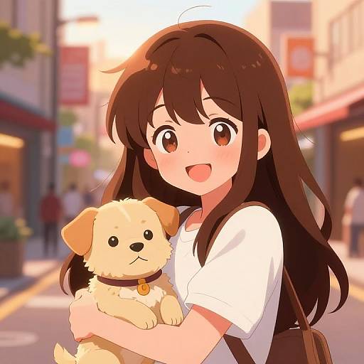 Cheerful Anime Girl with Puppy