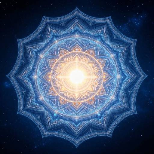 Digital artwork of a glowing, intricate blue and yellow mandala with radiating patterns, set against a dark, star-filled background.
