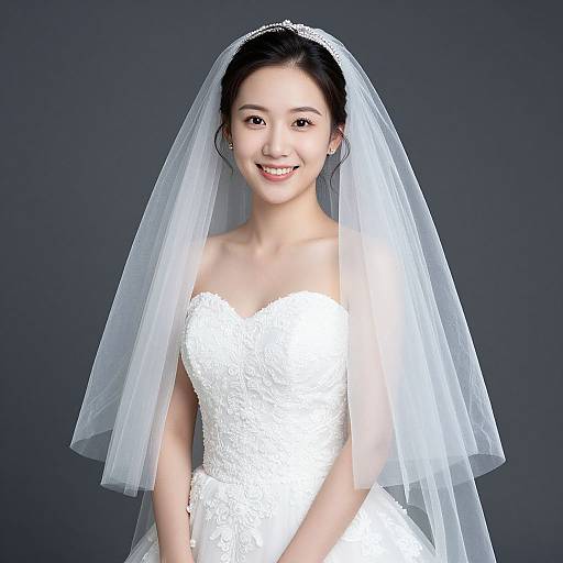 Photograph of a smiling Asian bride in a white, strapless, lace wedding dress with a long, sheer veil against a dark background.