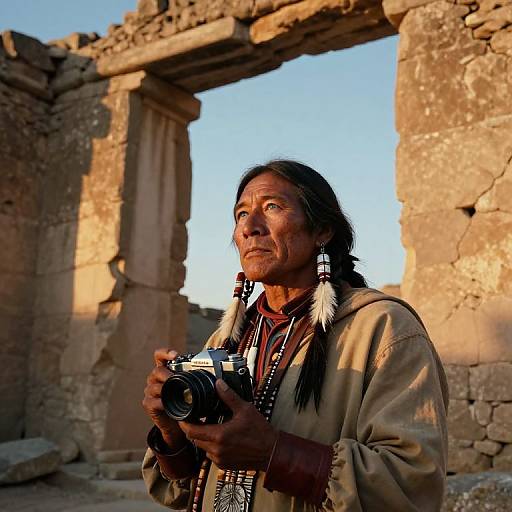 Photograph of an elderly Native American woman with long black hair, wearing traditional beads and a beige jacket, holding a camera, standing in front of sun