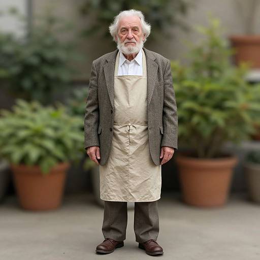 Photograph of an elderly white man with white hair and beard, wearing a gray checkered blazer, white shirt, beige apron, and brown