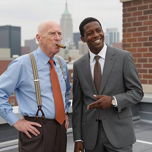 Two Men on Rooftop with City View