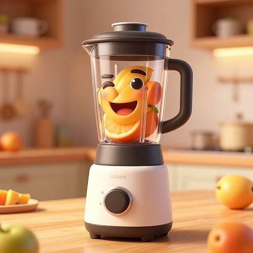 Photorealistic CGI of a smiling orange blended inside a black-handled white blender on a wooden kitchen counter with blurred fruit and kitchen shelves in the background