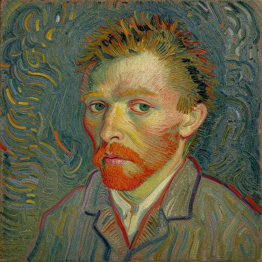 Expressionist portrait of a bearded man with spiky hair, painted in vibrant, swirling colors, showcasing intense, reflective eyes and textured background.