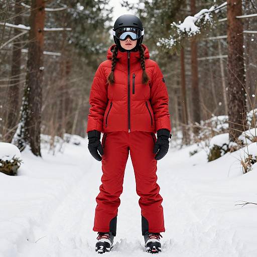 Stocky Skier in Red Outfit on Snowy Forest Path