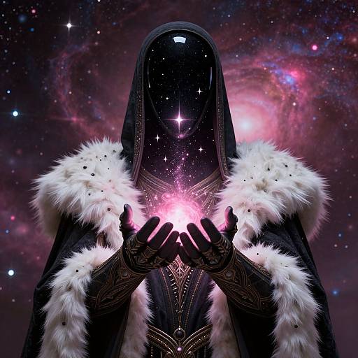 Mysterious figure with black hood, star-filled face, and fur-trimmed black robes, holding glowing pink orb against cosmic backdrop. Digital art.