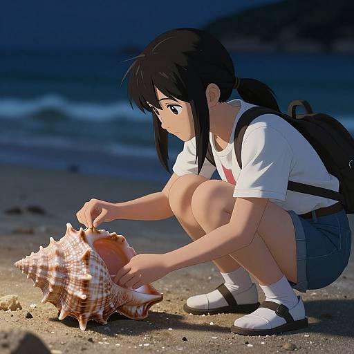 Anime-style digital drawing of a girl with black hair, white shirt, and blue shorts, crouching on a beach at night, examining a large