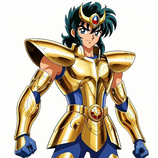 Anime-style digital drawing of a determined, blue-haired character in golden armor with red gem accents, blue gloves, and a blue undersuit.