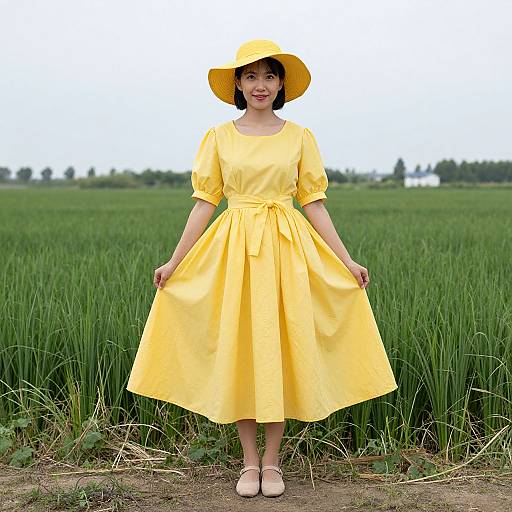 Photograph of a smiling woman in a bright yellow dress and hat, standing in a green field, with a blurred tree line in the background.
