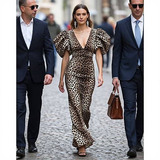Photograph of a confident woman in a leopard-print, deep V-neck dress with puffed sleeves, flanked by two men in black suits and sunglasses