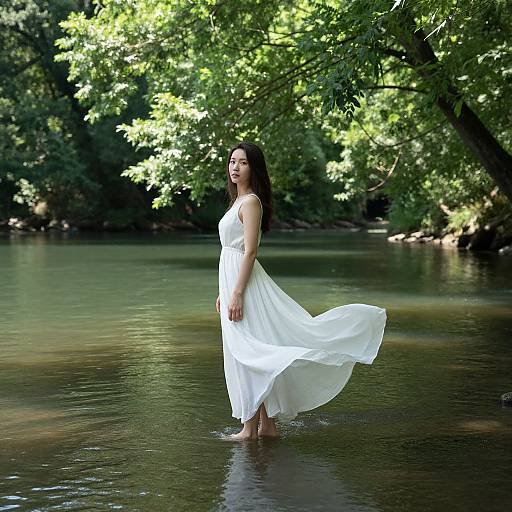 Photograph of a pregnant woman with long dark hair in a flowing white dress standing in a shallow, sunlit forest stream.