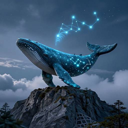 Digital art of a glowing blue whale with constellation patterns, standing on a rocky peak under a starry, cloudy night sky.