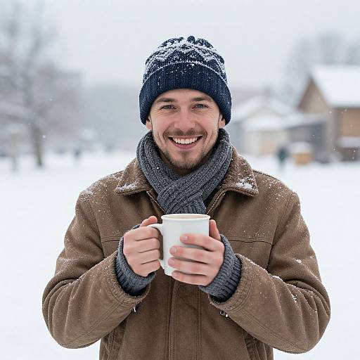 Photograph of smiling young man with light skin, short beard, wearing brown coat, gray scarf, and blue knit hat, holding white mug in snowy