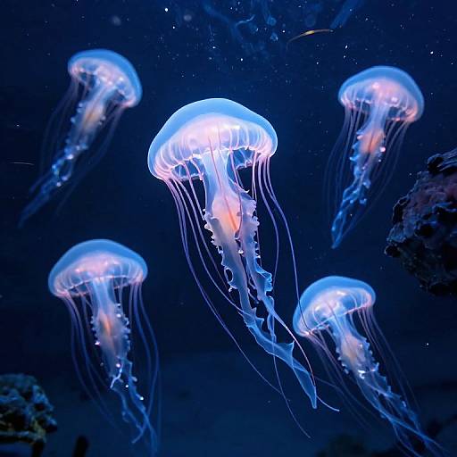 Photograph of five glowing blue and white jellyfish with translucent, flowing tentacles, floating in a dark, starry underwater ocean scene.