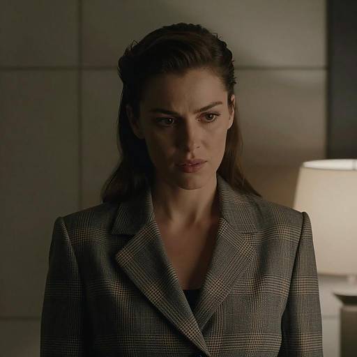 Noir Woman in Plaid with Intense Gaze