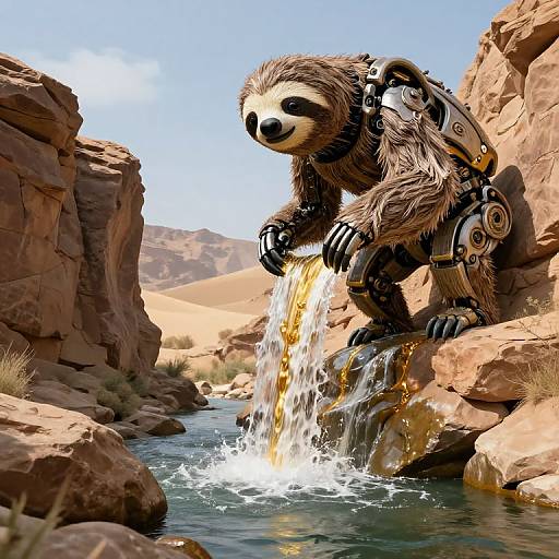 CGI image of a cybernetic, furry, brown bear-like creature with a robotic lower body, drinking from a rocky stream in a desert canyon