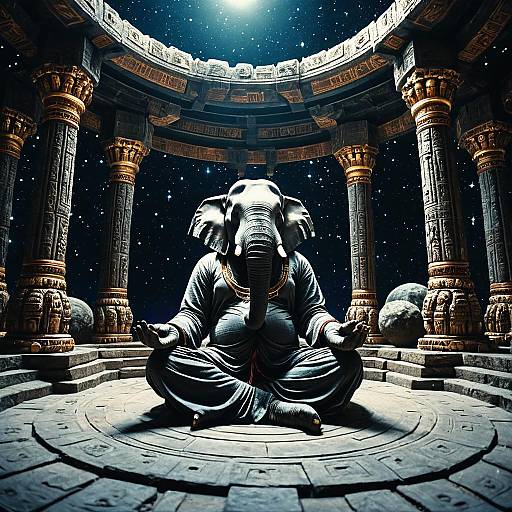 Elephant Humanoid Meditating in Ancient Temple