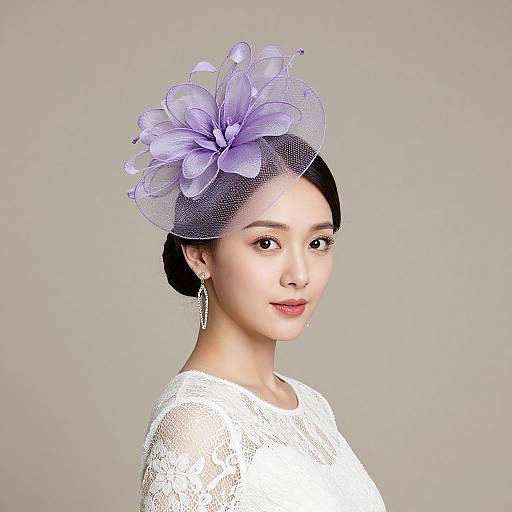 Photograph of an Asian woman with fair skin, black hair in a bun, wearing a white lace dress and a lavender mesh flower headpiece, smiling