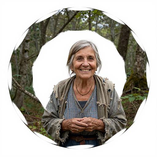 Photograph of an elderly woman with gray hair, smiling, wearing a checkered shirt and worn jacket, standing in a forest, framed by a white