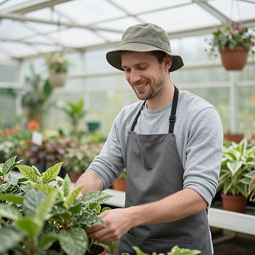 Photograph of a smiling bearded man in a gray bucket hat and gray shirt with a black apron, watering plants in a bright greenhouse.