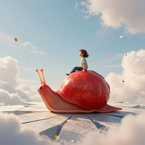Digital art of a curly-haired girl in white shirt riding a giant red snail on a floating stone platform, against a bright blue sky with fluffy clouds