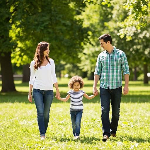 Photograph of a Caucasian family in a sunlit park: mother with long brown hair in white shirt and jeans, father with short black hair in green