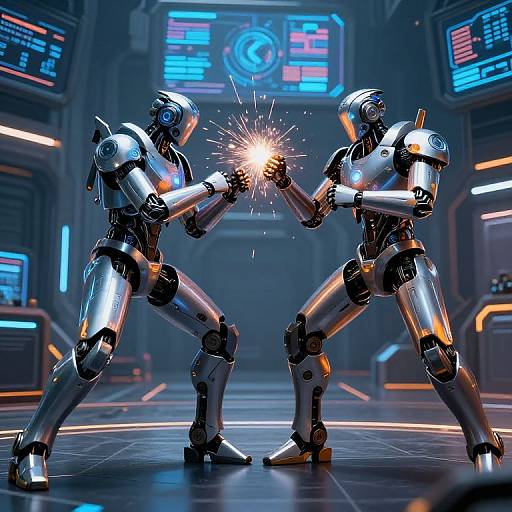 CGI image of two metallic, humanoid robots in a futuristic control room, clashing fists and sparking, with neon blue and orange lighting.