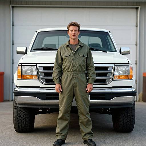 Photograph of a young, Caucasian man with short, spiked brown hair, wearing an olive green jumpsuit, standing in front of a white pickup truck