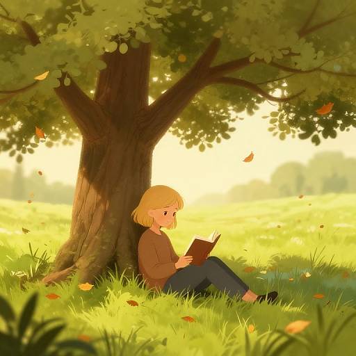 Blonde Girl Reading Under Oak Tree
