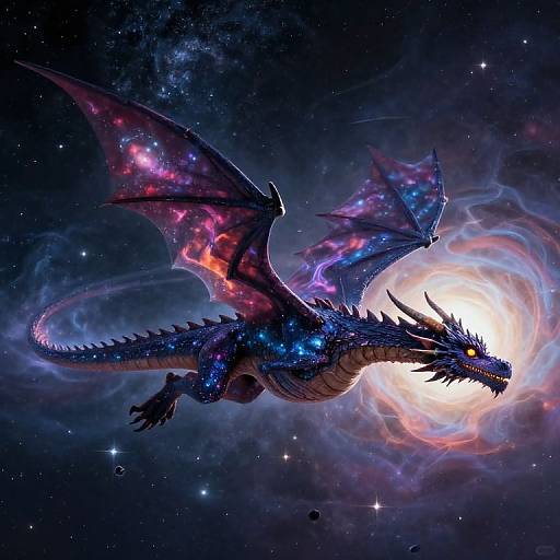 Digital artwork of a glowing, cosmic dragon with bioluminescent wings, flying through a starry, nebula-filled space, near a bright,
