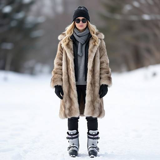 Photograph of a blonde woman in a fur coat, black beanie, sunglasses, gray scarf, black gloves, black pants, and white boots standing