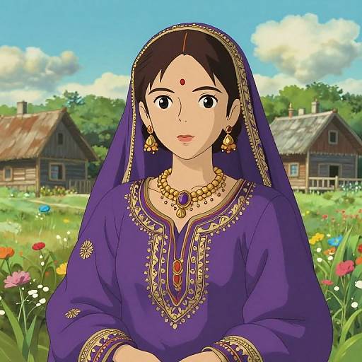 Digital anime-style illustration of a young woman in a purple embroidered dress and headscarf, adorned with gold jewelry, standing in a vibrant, flower-filled