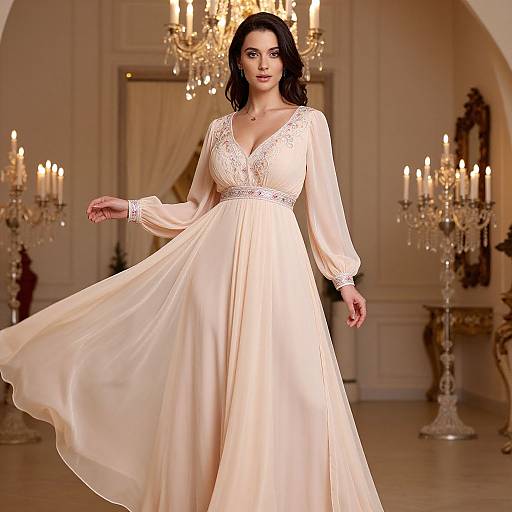 Photograph of a dark-haired woman in a flowing, cream-colored lace wedding dress with long sleeves, standing in an elegant room with chandeliers and