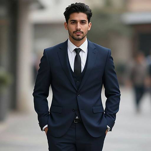 Photograph of a handsome, dark-haired man with a trimmed beard, wearing a navy blue suit, white shirt, and black tie, standing confidently with