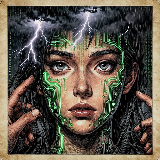 Ink Illustration of Cybernetic Human Face