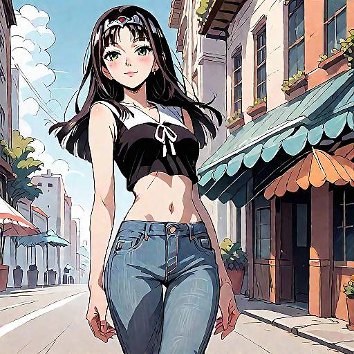 Anime-style digital drawing of a cute, black-haired girl with green eyes, wearing a black crop top and blue jeans, walking down a sunny, colorful