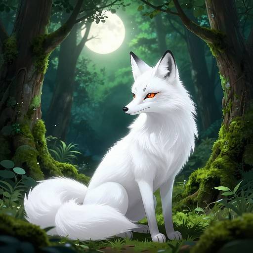 Digital art of a white fox with red eyes, sitting in a lush, moonlit forest. Moss-covered trees frame the glowing full moon in the background