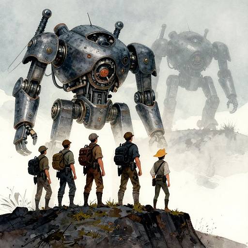 Digital illustration of five soldiers in military gear, standing on a grassy hill, facing a massive, metallic, robot-like creature.