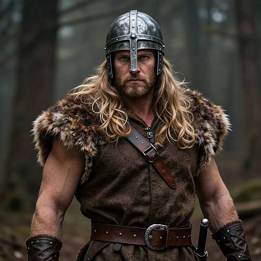 Photograph of a muscular, bearded man with long blonde hair, wearing a metal Viking helmet, fur-collared brown tunic, and leather